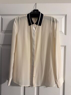 Rag & Bone Silk Cream Button-Down Shirt with Black Trim Collar